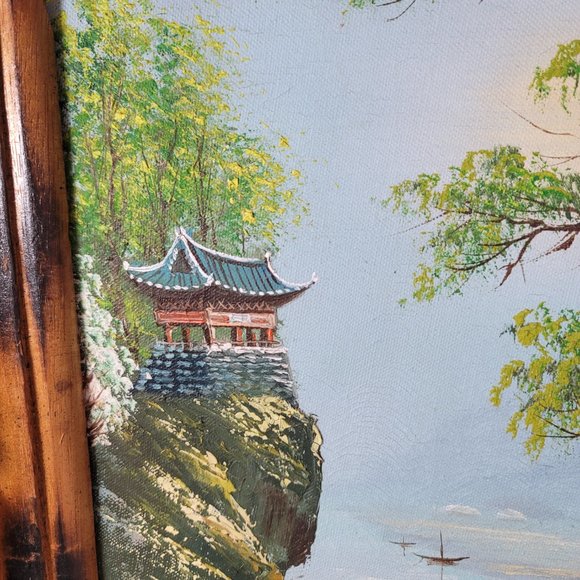 2 Vintage MCM China Scene Oil Paintings ~ One Signed Choe ~ Carved Wood - Picture 7 of 8